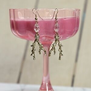 Hand Crafted Gold Coral Branch Drop Earrings with Clear Beads